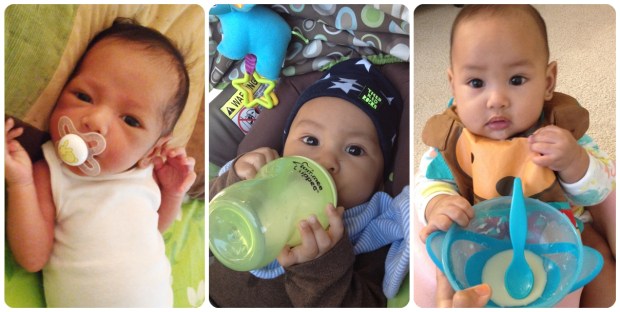 Breastfeeding complements for Musa from pacifier, bottle (with breastmilk), to solid foods (rice cereal)